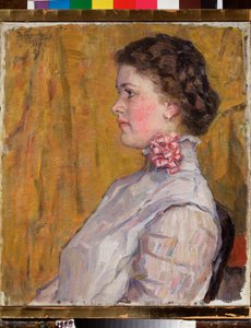 Portrait de femme sur fond jaune（黄背景上的女性肖像）--瓦西里-伊万诺维奇-苏里科夫（瓦西里-苏里科夫或瓦西里-苏里科夫）（1848-1916 年）的画作，布面油画 作者 瓦西里（Vasilij Ivanovic Surikov）