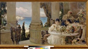 Sur la terrasse - Peinture de Vassili (Vasili, Vasilii, Wilhelm) Alexandrovich Kotarbinsky (Kotarbinski, Kotarbinskii) (1849-1921), huile sur toile - On the terrace, Oil on canvas by Vasilii Alexandrovich Kotarbinsky - 地区艺术博物馆，基洛沃格勒 作者 瓦西里·亚历山德罗维奇·科塔宾斯基
