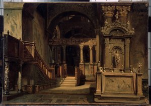 Interieur de la basilique Saint Marc a Venise (Italie) （威尼斯圣马可大教堂内部）。Peinture de Vasili Grigorievich Khudyakov (1826-1871)。纸上油画，29.5 x 41 厘米 作者 瓦西里·格里戈里耶维奇·胡贾科夫