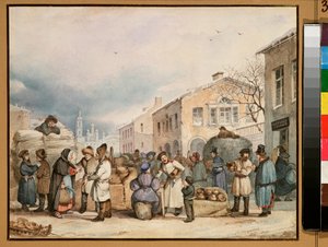 圣彼得堡的干草市场 - 瓦西里-伊万诺维奇-施特恩贝格（1818-1845 年）的作品，纸上水彩画 作者 瓦西里·伊万诺维奇·斯腾伯格