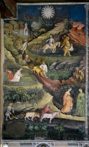 April: plowing and sowing of fields. Agriculture scene with plow, harrow and agricultural tools in the countryside. Painting by the Master of the Months or Master Wenceslas (Maestro dei Mesi or Maestro Wenceslao in Italian, beginning of the 15th century) r