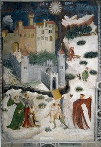Month of January: snowy landscape with aristocrats and hunters. Aristocrats play snowballs while hunters go hunting with their dogs. At the bottom the Castello di Stenico castle and a man with the key is ready to open the fortress door. Painting by the Mas