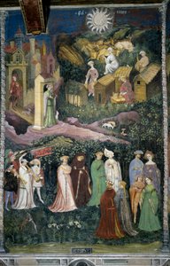 Month of June: dance of ladies and horsemen. At the bottom treats cows and cheese making with milk. People loaded with food are coming out of the castle. Cardinal Bernardo Cles (1485-1539), the sponsor of the painting redone by Fogolino, is represented in 