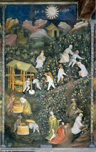 十月：采摘现场，采摘葡萄，准备酒酿（压酒）。 月之大师或瓦茨拉夫大师（意大利语中的 Maestro dei Mesi 或 Maestro Wenceslao，15 世纪初）的绘画由 Marcello Fogolino 修复