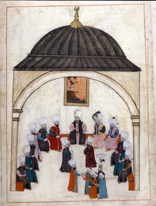 Administration under the Ottoman Empire: a hearing presided over by the Grand Vizir. Miniature from “” Turkish Memorials”” (codex Cicogna 1971 “Memorie Turchesche”) Watercolour from the 17th century Venetian school.