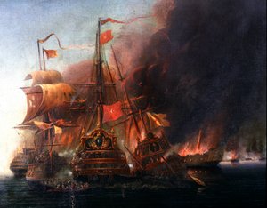 1570年塞浦路斯被围困期间，奥斯曼舰队和威尼斯舰队在法马古斯塔附近的战斗 16世纪威尼斯画派的绘画。伊斯坦布尔，海军博物馆
