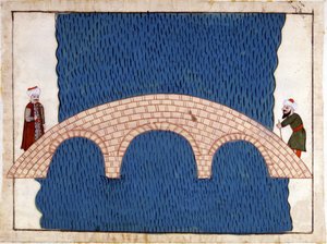 君士坦丁堡。 加拉塔桥。 来自“土耳其纪念馆”（codex Cicogna 1971“Memorie Turchesche”）的缩影，来自 17 世纪威尼斯画派的水彩画。 作者 威尼斯人学校