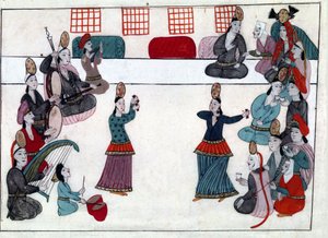 奥斯曼帝国时期的音乐家和舞蹈家。 来自“土耳其纪念馆”（codex Cicogna 1971“Memory Turchesche”）的缩影，来自 17 世纪威尼斯画派的水彩画。 作者 威尼斯人学校