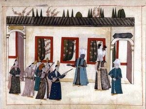 苏丹拜访了太监的母亲和酋长。 来自“土耳其纪念馆”（codex Cicogna 1971“Memorie Turchesche”）的缩影，来自 17 世纪威尼斯画派的水彩画。 作者 威尼斯人学校