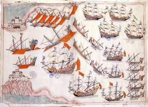 威尼斯与奥斯曼帝国之间的战争：1655 年威尼斯船长洛伦佐·马塞洛 (Lorenzo Marcello) 取得胜利的达达尼尔海峡之战（水彩）