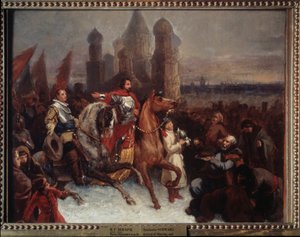 俄国沙皇瓦西里四世和雅各布-德拉加尔迪伯爵进入莫斯科（1552-1612 年）--维亚切斯拉夫-格里戈里耶维奇-施瓦茨（1838-1865 年）的绘画作品 作者 Viatcheslav Grigorievitch黑色