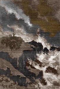 高卢宗教和德鲁伊：德鲁伊在悬崖上集会，命令神灵驱赶恶魔 刻自 Louis Figuier 的 "Les mysteres de science"，私人收藏