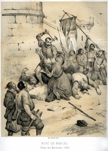 1358 年 7 月，保皇党领袖之一让-马亚尔（Jean Maillart）刺杀了富有的绘图师和商人普雷沃特（Prevot des merchants，1316-1358 年）艾蒂安-马塞尔（Etienne Marcel）。维克多-亚当（Victor Adam，1801-1866 年）在《中世纪的法国》一书中绘制的版画。 作者 维克多·亚当