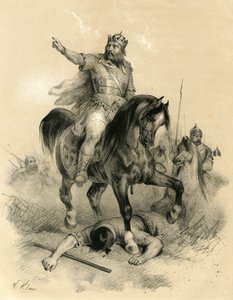 阿提拉（Attila，395-453 年）是 445 年匈奴人的唯一首领，蹂躏了东西方帝国 - 野蛮人入侵 - 维克多-亚当（Victor Adam，1801-1866 年）在阿尔当兄弟于中世纪中期出版的《中世纪的法国》一书中的雕刻。
