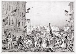 1830年7月29日在Dauphine街的路障，由H.Davporte雕刻