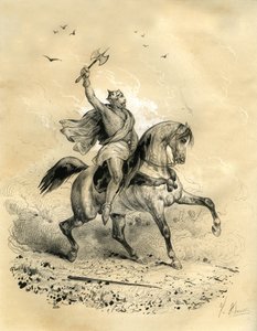 夏尔-马泰尔（688-741 年）于 732 年在普瓦捷战胜了阿拉伯军队。维克多-亚当（Victor Adam，1801-1866 年）在 19 世纪中叶阿尔当兄弟出版的《中世纪的法国》一书中绘制的版画。