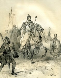 查理曼大帝手持权力徽章，率领身着盔甲的士兵驰骋疆场。维克多-亚当（Victor Adam，1801-1866 年）在 19 世纪中叶阿尔当兄弟出版的《中世纪的法国》一书中绘制的版画。 作者 维克多·亚当