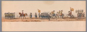 乌特勒支大学第二个百年庆典的历史庆典，1836 年（图版 7）
1600 年 7 月 3 日，尼乌波尔特战役胜利后的第二天，荷兰军队前往奥斯坦德的游行队伍；根据 H H Student 提供的服装表现形式 作者 卡拉梅利和公司