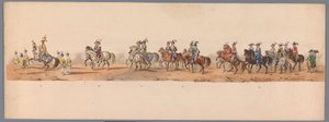 1836 年乌特勒支大学第二个百年庆典上的历史庆典（图版 8）
1600 年 7 月 3 日，尼乌波尔特战役胜利后的第二天，荷兰军队前往奥斯坦德的游行队伍；根据 H H Student 提供的服装表现形式 作者 卡拉梅利和公司
