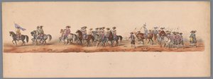 1836 年乌特勒支大学第二个百年庆典上的历史庆典（图版 5）
1600 年 7 月 3 日，尼乌波尔特战役胜利后的第二天，荷兰军队前往奥斯坦德的游行队伍；根据 H H Student 提供的服装表现形式 作者 卡拉梅利和公司