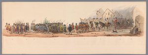 乌特勒支大学第二个百年庆典的历史庆典，1836 年（图版 10）
1600 年 7 月 3 日，尼乌波尔特战役胜利后的第二天，荷兰军队前往奥斯坦德的游行队伍；根据 H H Studen 提供的服装表现形式 作者 卡拉梅利和公司
