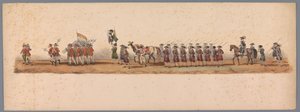 1836 年乌特勒支大学第二个百年庆典上的历史庆典（图版 3）
1600 年 7 月 3 日，尼乌波尔特战役胜利后的第二天，荷兰军队前往奥斯坦德的游行队伍；根据 H H Student 提供的服装表现形式 作者 卡拉梅利和公司