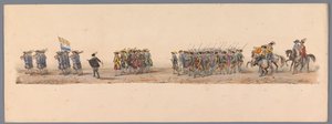 1836 年乌特勒支大学第二个百年庆典上的历史庆典（图版 4）
1600 年 7 月 3 日，尼乌波尔特战役胜利后的第二天，荷兰军队前往奥斯坦德的游行队伍；根据 H H Student 提供的服装表现形式 作者 卡拉梅利和公司