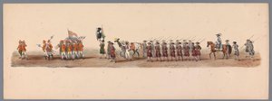1836 年乌特勒支大学第二个百年庆典上的历史庆典（图版 3）
1600 年 7 月 3 日，尼乌波尔特战役胜利后的第二天，荷兰军队前往奥斯坦德的游行队伍；根据 H H Student 提供的服装表现形式 作者 卡拉梅利和公司