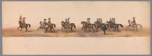 1836 年乌特勒支大学第二个百年庆典上的历史庆典（图版 2）
1600 年 7 月 3 日，尼乌波尔特战役胜利后的第二天，荷兰军队前往奥斯坦德的游行队伍；根据 H H Student 提供的服装表现形式 作者 卡拉梅利和公司