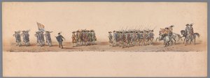 1836 年乌特勒支大学第二个百年庆典上的历史庆典（图版 4）
1600 年 7 月 3 日，尼乌波尔特战役胜利后的第二天，荷兰军队前往奥斯坦德的游行队伍；根据 H H Student 提供的服装表现形式 作者 卡拉梅利和公司