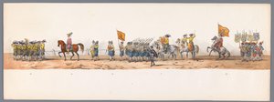 乌特勒支大学第二个百年庆典的历史庆典，1836 年（图版 7）
1600 年 7 月 3 日，尼乌波尔特战役胜利后的第二天，荷兰军队前往奥斯坦德的游行队伍；根据 H H Student 提供的服装表现形式 作者 卡拉梅利和公司