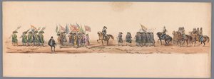 1836 年乌特勒支大学第二个百年庆典上的历史庆典（图版 9）
1600 年 7 月 3 日，尼乌波尔特战役胜利后的第二天，荷兰军队前往奥斯坦德的游行队伍；根据 H H Student 提供的服装表现形式 作者 卡拉梅利和公司