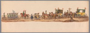 1836 年乌特勒支大学第二个百年庆典上的历史庆典（图版 6）
1600 年 7 月 3 日，尼乌波尔特战役胜利后的第二天，荷兰军队前往奥斯坦德的游行队伍；根据 H H Student 提供的服装表现形式 作者 卡拉梅利和公司
