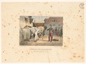 Rekruut verzorgt een paard
忍辱负重、深入骨髓的应征者（物品上的标题）
军事场景（系列名称）
军事题材（系列标题） 作者 veuve Delpech (Naudet)