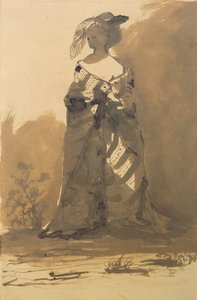 女人穿着大衣和羽毛帽子（笔和墨水和纸上洗） 作者 维克多·雨果