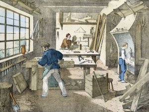 木匠，詹森的平版画。19世纪。