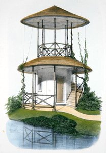 一个带有凉亭的乡村亭子，插图来自于巴黎出版的《Habitations Champetres》，约1895年（colonolitho）。