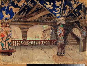 为亚历山大-奥斯特洛夫斯基（1823-1886 年）的戏剧作品《雪姑娘》准备的装饰（奥斯特洛夫斯基戏剧作品《雪姑娘》的舞台设计）《木制阳台》--维克多-米哈伊洛维奇-瓦斯涅佐夫（1848-1926 年）的作品，水彩画。 作者 维克多。