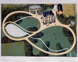 占地 6300 平方米的英式大花园，插图取自《巴黎周围的公园和花园》（Parcs et Jardins des environs de Paris），约 1850 年，维克多-佩蒂特（Victor Petit，1818-1871 年）石版画，法国