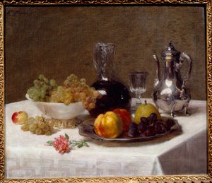 Table corner Still life of fruit (grapes, quince and pear), silverware and wine jug. Painting by Victoria Dubourg (1840-1926) 20th century Sun. 0,52x0,63 m Grenoble, Musee des Beaux Arts 作者 维多利亚·杜伯格