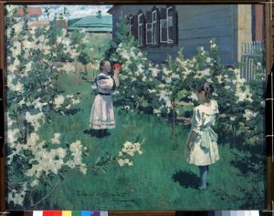 "五月的鲜花"（Fleurs de mai），春天花圃中玩球的小女孩。维克多-埃尔皮迪福罗维奇-鲍里索夫-穆萨托夫（1870-1905 年）1894 年的绘画 莫斯科国立特列季亚科夫画廊