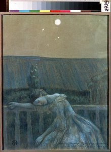 "Le chagrin"(悲伤) Une jeune fille desesperee appuyee contre une balustrade.Viktor (Victor) Elpidiforovich Borisov-Musatov (Borisov Musatov) (1870-1905) Aquarelle et pastel (symbolisme) 1903 年 谢尔普霍夫国立历史艺术博物馆。
