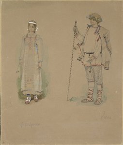 雪少女和Lel。 N. Rimsky-Korsakov的歌剧《雪少女》的服装设计，1885年 作者 维克托·米哈伊洛维奇·瓦斯涅佐夫