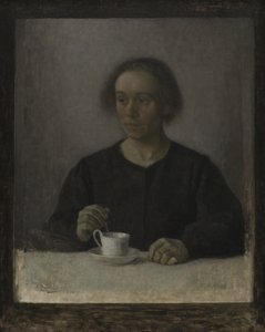 艺术家的妻子艾达-哈默舍伊（Ida Hammershøi）与茶杯 作者 威廉·哈默修伊