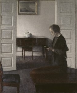 内部与夫人读书，约1900年（布面油画） 作者 威廉·哈默肖伊
