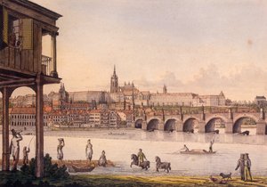 1825年Papouek&39;s Bath的小城区和布拉格城堡Hradcany的视图（彩色蚀刻）