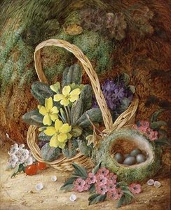 报春花和鸟巢的静物（布面油画）