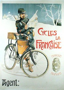 士兵骑着自行车看地图，宣传自行车 "La Francaise "的海报（彩色平印）。 作者 文森特·洛兰特·海尔布隆