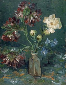 Bottle with Peonies and Blue Delphiniums (bouteille avec pivoine et delphinium bleu) par Gogh, Vincent, van (1853-1890). Oil on cardboard, size : 34,5x27 作者 文森特·梵高