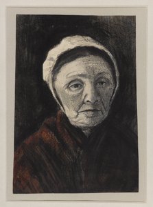 Scheveninger帽子的一位老妇人的头，1882-83（纸上的木炭，黑色和棕色粉笔）